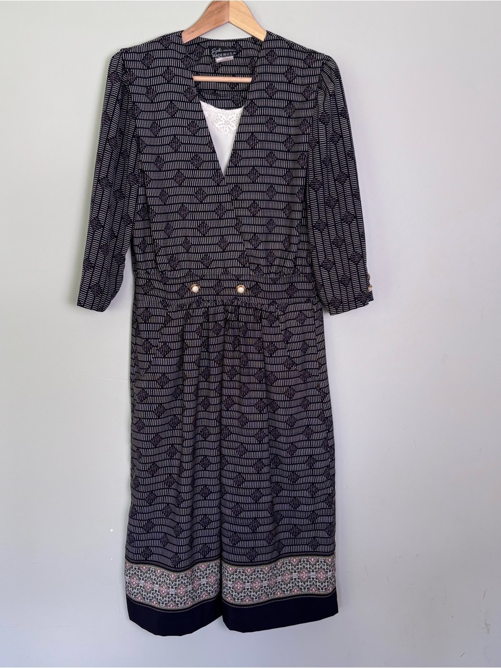 VTG  80s Breli Originals Geometric Print Midi Dress-Pearl Buttons-Lace Insert-10